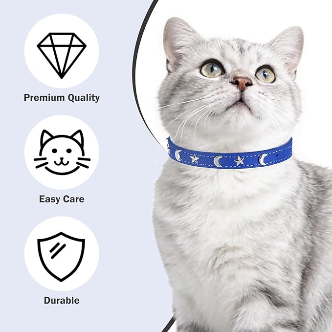 Leather Cat Collars for Boy Girl Cats with Bell and Safety Elastic Belt, Personalized Star and Moon Stud Adjustable Safe Buckle Collar for Kitty Small Big Cats Size 7-9 Inch, Blue