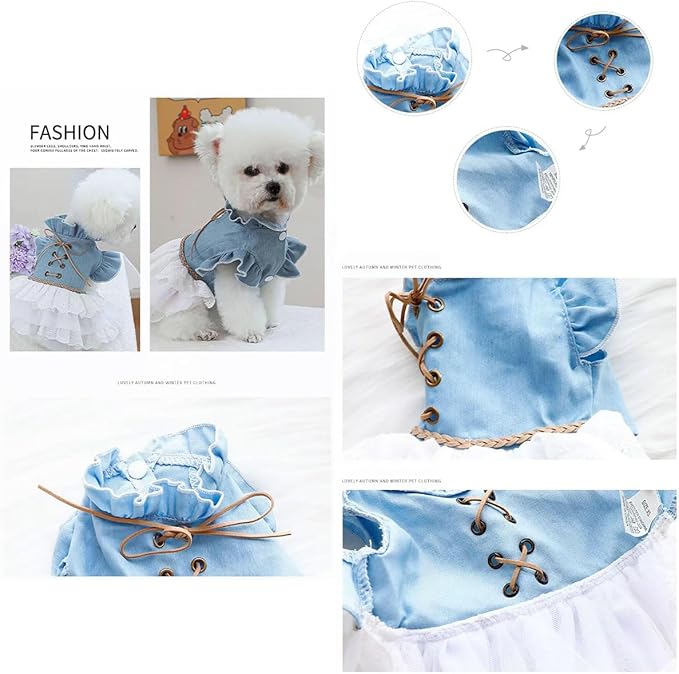Dog Denim Dress for Small Dogs and Cats, Flared Sleeves Retro Cake Skirt Puppy Clothes, Elegant Pet Apparel for Daily Wear, Parties, Photo Shoots (Blue-Denim, X-Large)