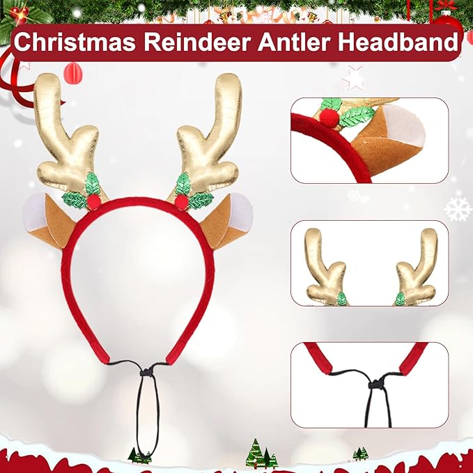 2Pcs Dog Christmas Outfit Dog Reindeer Costume Elk Antlers Headband and Red-White-Green Striped Scarf Set Pet Costumes Accessories for Dogs and Cats