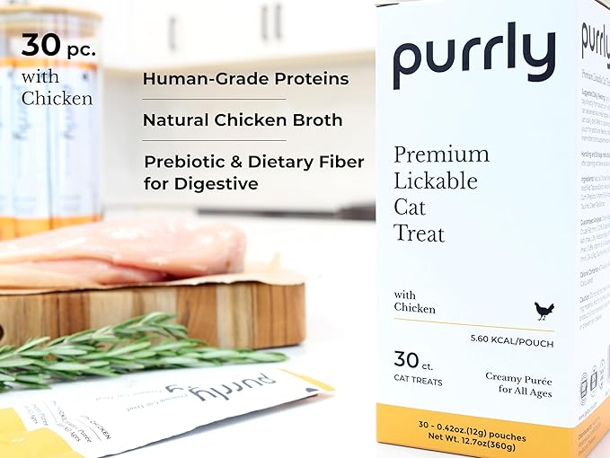 Purrly Lickable Wet Cat Treats Creamy Purée Human-Grade Chicken Breast with Prebiotic and Dietary Fiber for Digestive Health (30 Count) Non-GMO No-Grains No-Artificial-Additive All Ages Low-Phosphorus
