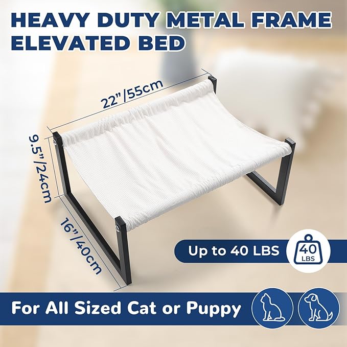Elevated Cat Bed with 360° View - Rust-Proof Metal Frame, Removable Machine Washable Mattress (Thin), Includes Cat Toy - Easy Assembly