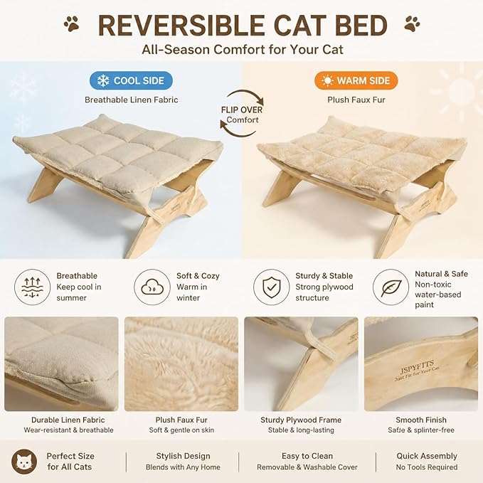 JSPYFITS Elevated Cat Bed Hammock, Raised Orthopedic Dog Bed with Dual-Sided Plush & Linen Cushion, Modern Cat Furniture for Medium to Large Cats, Easy Assembly(Beige)