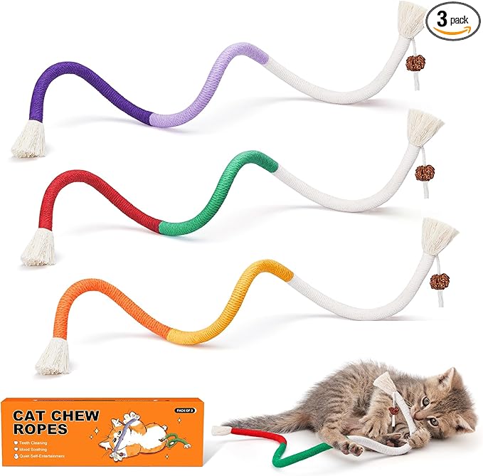 Potaroma Cat Toys Chew Ropes 3Pcs with Refillable Natural Catnip, Safe Teeth Cleaning Toy for Indoor Kittens, Interactive Cat Nip Kitty Toys for All Breeds 19.5 Inches