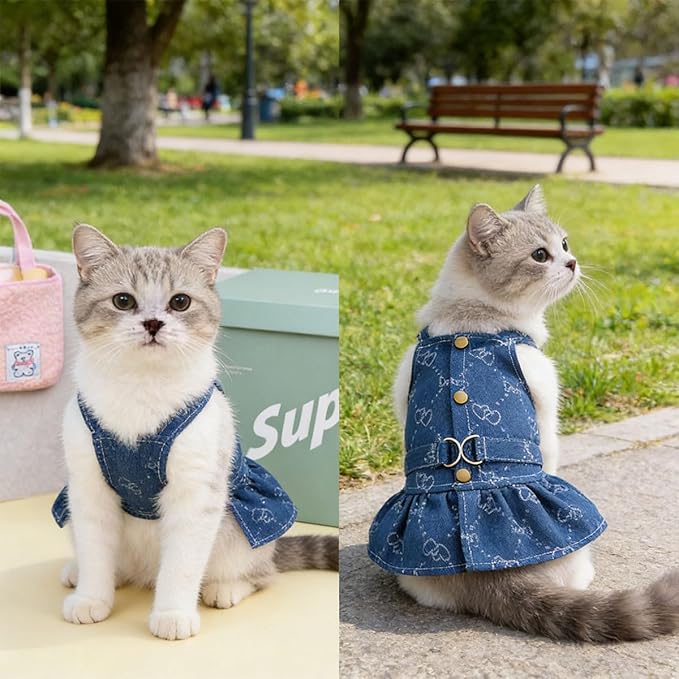 Walking-Ready Pet Jeans - Breathable Denim with D-Ring & Snap Buttons | Matching Heart Symbol Outfits for Dog & Cat Couples | Machine Washable (S-XL) (Large, Skirt with Heart Symbol)