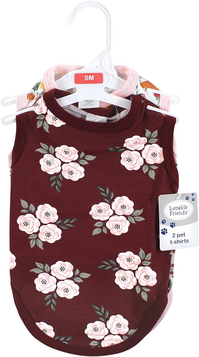 Luvable Friends Dog Pet Dog and Cats Cotton T-Shirts 2pk, Burgundy Floral Botanical, X-Small