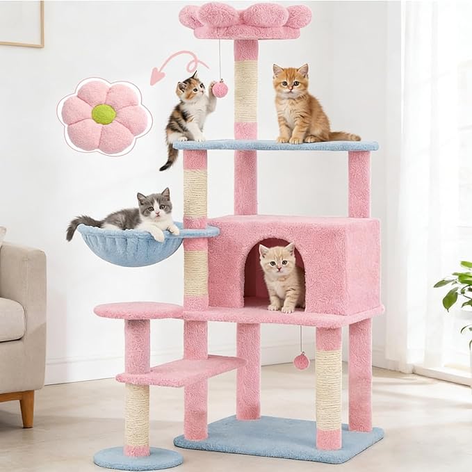 Flower Cat Tree 56 Inches，Large Cat Tower with Detachable Flower Cushions and Hiding Condo, Pink Cat Tree with Hammock Bed, Interactive Toys and Scratching Posts for Indoor Cats