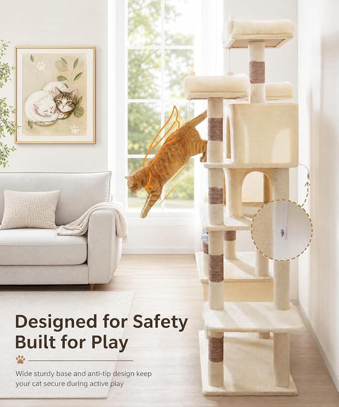 Heavy Duty Cat Tree for Indoor Cat, 71 Inch Large Cat Tower with Scratching Post and Top Perch, Hammock, Big Cat Condo for Adult Cats Kittens, PMT03BW, Beige
