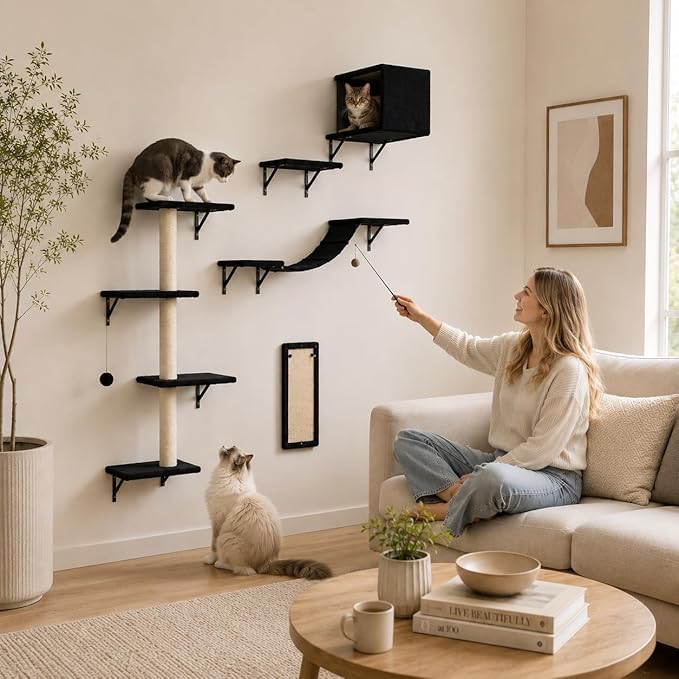 Modern Wall-Mounted Cat Furniture - 5pcs Cat Wall Shelves, Wooden Climber Includes House, Bridge, Tree, Steps, and Scratcher (Black)