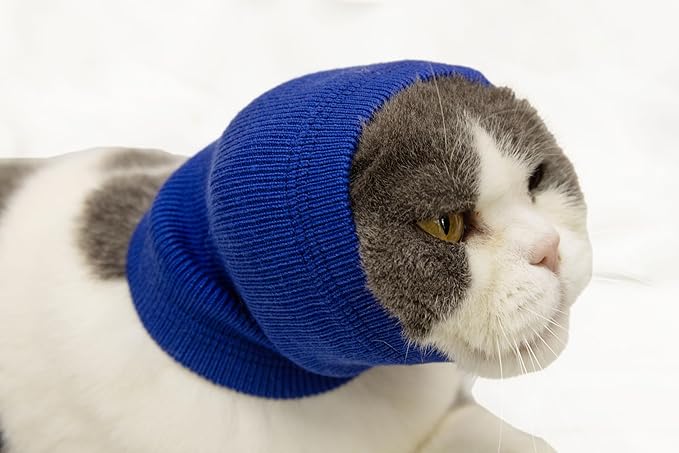 Cat Ear Cover Head Covering Ear Anxiety Relief Calming Neck Ear Covers for Cats Bath Wine+Blue-S