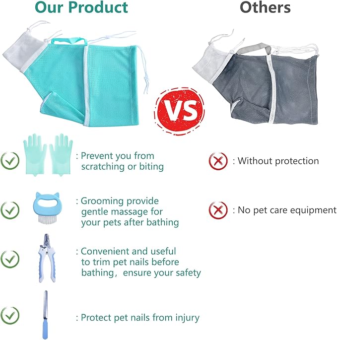 KlerRoem Cat Bathing Bag, Adjustable Anti-bite and Anti-Scratch Cat Shower Mesh Grooming Bag for Pet Dogs and Cats, Includes Pet Nail Clipper, Nail File, Grooming Glove, and Cat Shell Comb