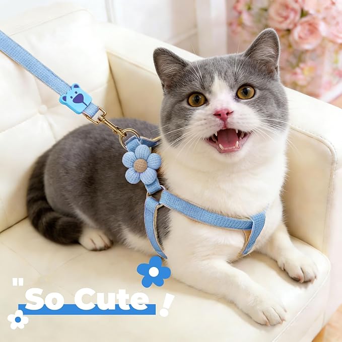 PETCARE Cute Cat Harness and Leash Set, Blue Flower Cat Walking Harness with Bow Tie Cats Leash, Easy Walk Lightweight Step in Cats Harnesses with Buckle (Chest Adjustable 9"-14", Rope Width 0.39")