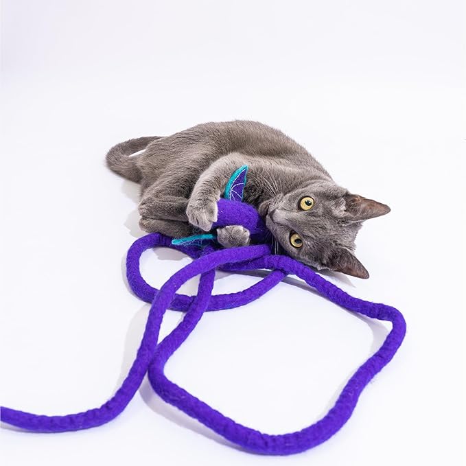 Catch a Mouse Wool Cat Toy with a 6-Ft Tail for Indoor Cats & Kittens. Cute Toy Mouse, Rat Plush Toy, Fake Mice. No Catnip. (Purple Dragon)