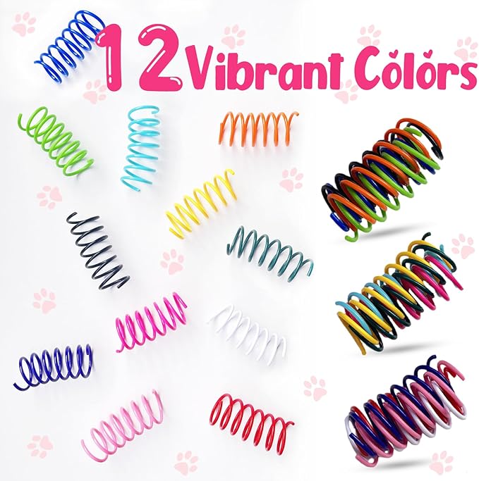 60 Pack Cat Spring Toys, 12 Vibrant Colors Interactive Cat Toys for Indoor Cats and Kittens, Colorful Plastic Springs for Cats - Durable Spiral Cat Toy for Batting, Biting, and Chasing