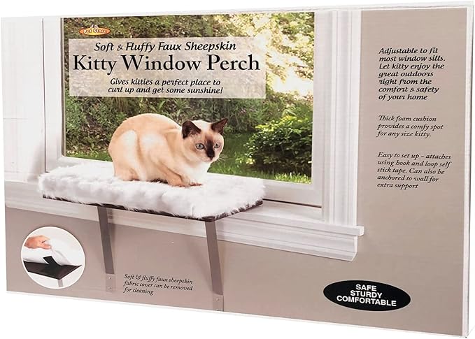 Etna Window Mount Cat Perch - Window Sill Shelf, Padded Cat Wall Bed, Space Saving Furniture for Pets, Removable Faux Sheepskin Cover, Holds 20-35 Pounds