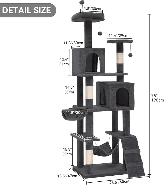 DWVO 75-inch Indoor Cat Tree Tower, Multi-Level Pet Playground, Cat Furniture with Scratch Posts, Hideaway Condos, Soft Perch, Snug Hammock, Climbing Ladder, and Plush Balls for Kittens (Dark Gray)