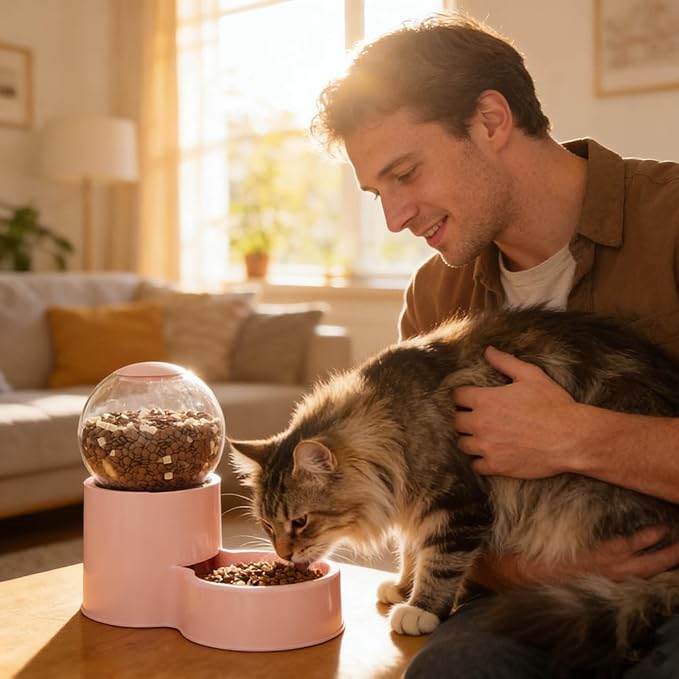 Automatic Cat Feeder, Water Dispenser Gravity Food Feeder and Water Set, Pack of 2, Cat Food Dispenser and Gravity Water Fountain for Cats Small Dogs Puppies Kittens Pets (Pink)