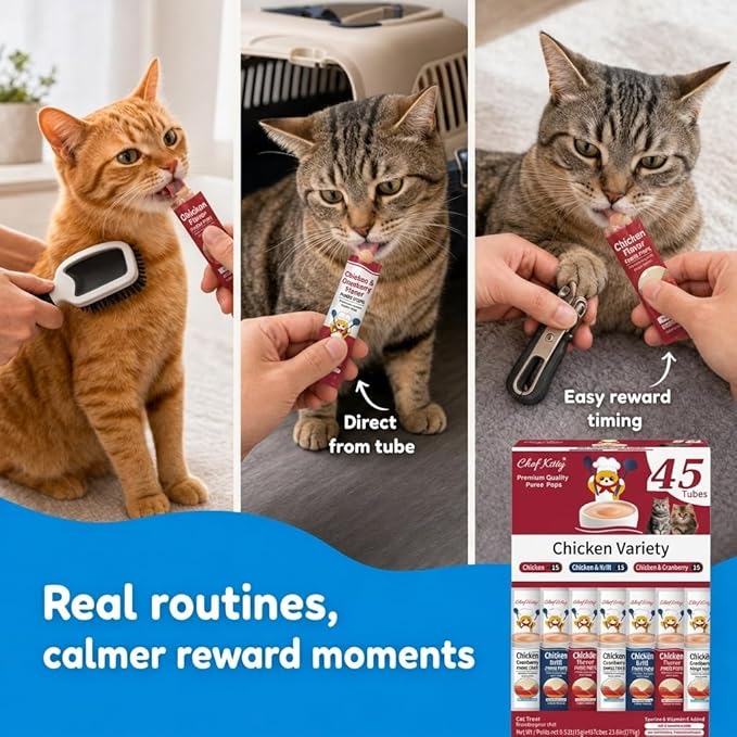 Purée Pops, Cat Treats, Grain-Free, Lickable, Squeezable Creamy Cat Treat/Topper with Vitamin E & Taurine, 0.5 Ounces Each Tube, 45 Tubes, Chicken Mix Variety