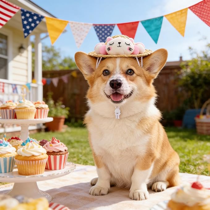 NACOCO Cat Hat Sunflower Straw Hat Handcrafted Rose Lovely Sun Cap Accessories for Small Dogs and Cats Photograph (S, Pink Cat)