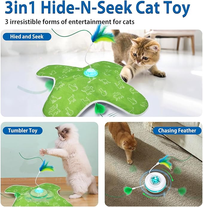 Muhhiba Interactive Cat Toys Rechargeable, Hide and Seek Kitten Toy with Touch Activated, Moving Concealed Feather, Tumbler Toy Design, Automatic Cat Toys for Indoor Cats to Chase and Exercise