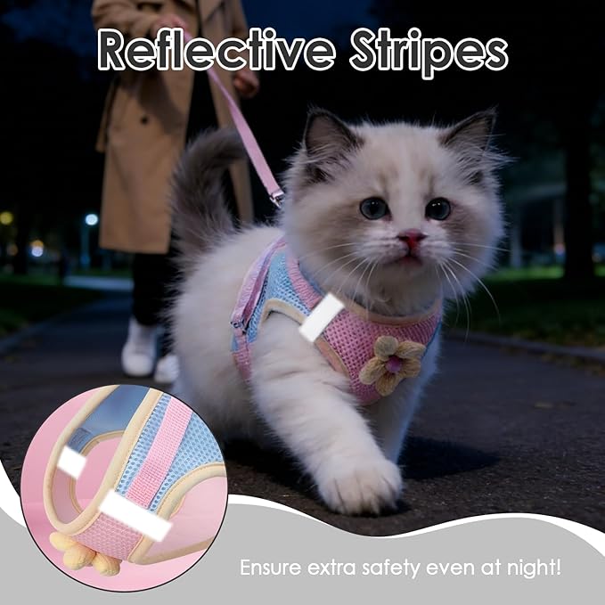 Cat Harness and Leash Set Escape Proof, Adjustable Leash & Breathable Mesh Vest with Reflective Strips & Flower, XS (XS)