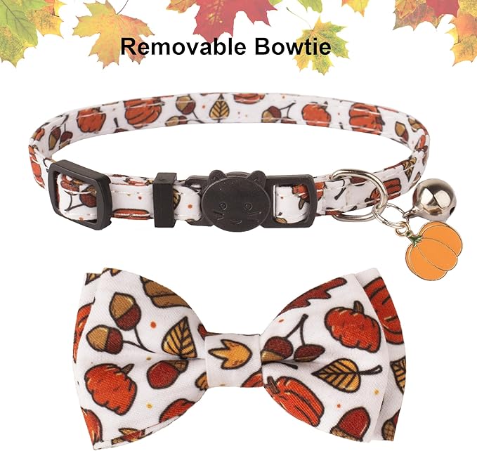 ADOGGYGO Thanksgiving Cat Collar Breakaway with Removable Bowtie Bell - 2 Pack Fall Pumpkin Kitten Bow Collar Thanksgiving Bowtie Collars for Cats Kittens