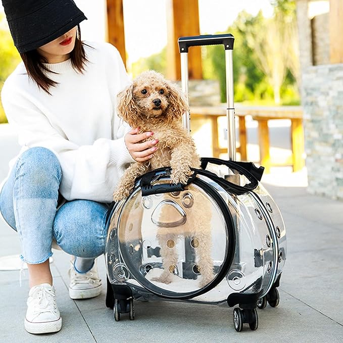 Rolling Cat Carrier,Clear Cat Carrier with Wheels,Pet Trolley Case Pet Backpack for Kitty Small Dog Sturdy and Breathable Design Portable Cats Dogs Backpack for Travel/Taking a Walk Pink