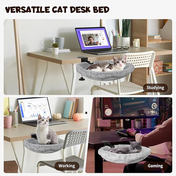 Cat Desk Bed, 90° Foldable Cat Hammock for Desk, Heavy Duty Cat Bed Desk Mount Up to 44lbs, Ergonomic Desk Mounted Cat Bed with Washable Soft Fabric, Space Saving Cat Perch for Home Office Desk