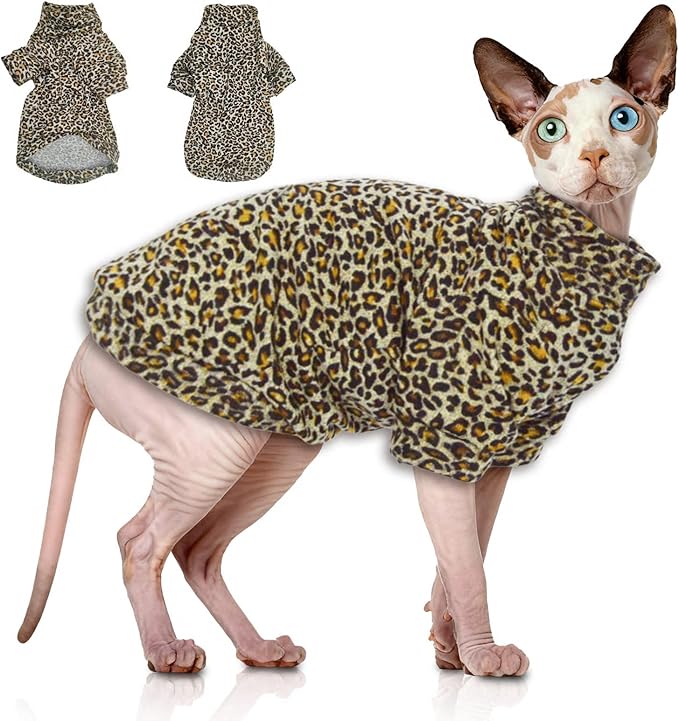 Sphynx Cat Clothes Leopard Hairless Cat Cloth Sweater Shirt Soft Warm Long Sleeves Pullover Pet Clothes Pajamas Dog Cloth for Small Dogs Jumpsuit Pet Sweaters (Leopard, X-Large)