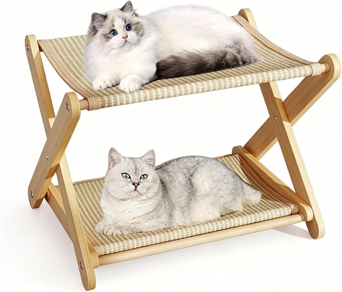 Cat Bed, Foldable Double Layer Cat Hammock X-Shape Solid Wood Cat Perch with Sisal Scratching Pad, 52x35x30cm No Assembly Cat Condo for Indoor