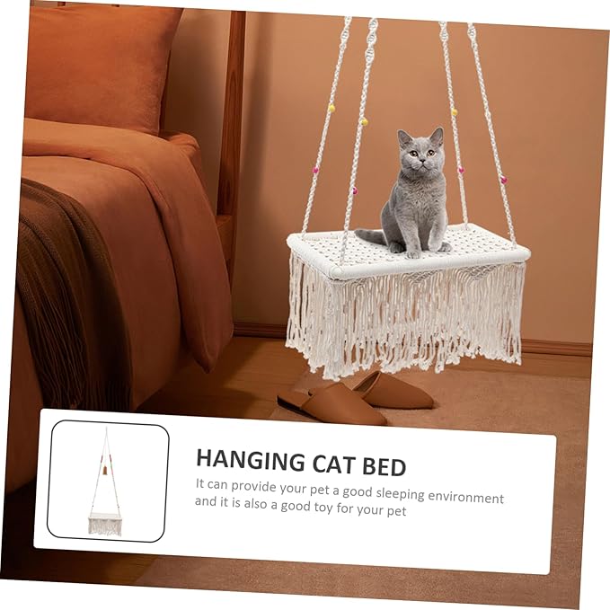 Yardwe Bohemia Style Hanging Cat Bed Macrame Hammock Rope Swing for Indoor Cats Wear Resistant Cozy Resting Nest Kitten Swing Pet Furniture
