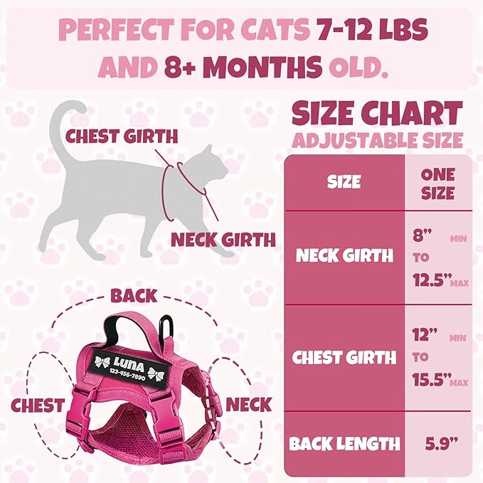 Custom Pink Tactical Cat Harness and Leash Escape Proof Adjustable Vest with Reflective Strips and Personalized Patch Soft Breathable Outdoor Gear for Walking Training Fits Cats 7-12 lbs
