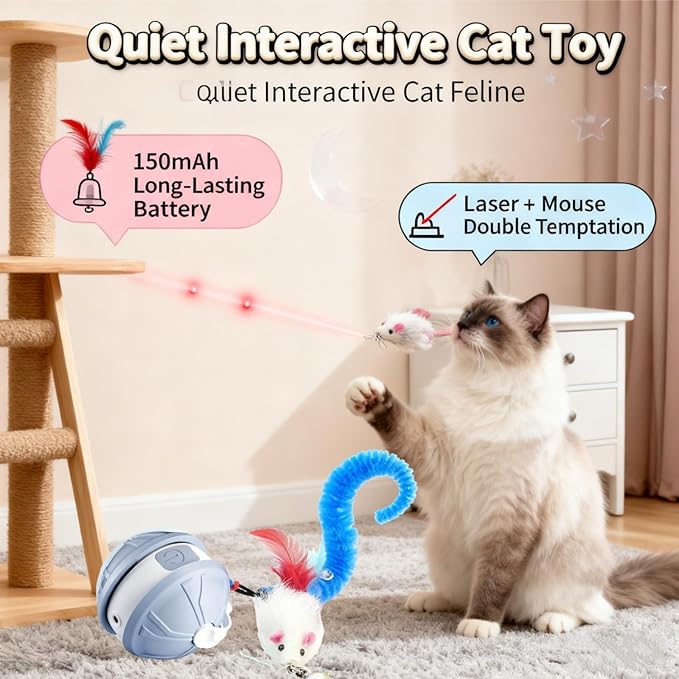 Interactive Cat Toy Ball for Indoor Cats, 2-in-1 Smart Moving Cat Ball with Feather Accessories, Automatic Kitten Toys for Bored Indoor Cats, USB Rechargeable Ideal for Small and Medium Cats