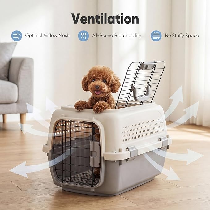 DUMOS 23" Hard-Sided Pet Carrier for Small Dogs & Cats, Airline Approved Travel Crate with Enhanced Security Latches, Front & Top Load Wire Door, Food Bowl for Traveling, Hiking, Camping, Beige&Grey