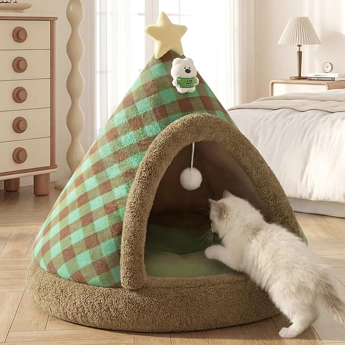 Jiupety Cat Tents for Indoor Cats,Cat House with Removable Washable Cushioned,2-in-1 Cat Cave Tent with Anti-Slip Bottom Ultra-Soft Pet Tent for Cats and Small Dogs,Green 23.6In