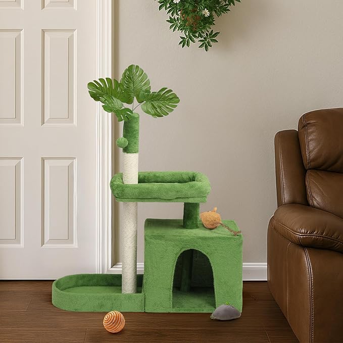 40in Cat Tree with Leaves, Multi-Level Cat Tower with Scratching Post, Cozy Condo & Padded Perch, Dangling Ball Toy for Kittens and Indoor Cats, Compact Cat Furniture for Small Spaces, Green