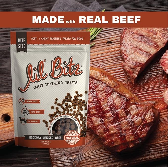 Lil' Bitz Soft & Chewy Training Treats for Dogs, Bite Size Reward Treats for Training & Positive Reinforcement, Grain Free Dog Treats Made with Real Beef, Hickory Smoked Beef Flavor, 4 oz Bag