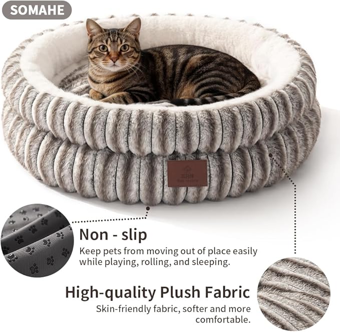 SOMAHE Cat Bed, Round Plush Faux Fur Donut Cuddler – Machine Washable Calming Cat Bed for Indoor Cats & Kittens, Removable Cushion Non-Slip Fluffy Kitten Bed, Cozy Small Cat Nest, 20" Inch Coffee