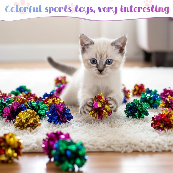 SHENLIU 2.36" Crinkle Balls for Cats, 100 Pcs Colorful Cat Toys Crinkle Ball Interactive Foil Cat Toy Balls for Indoor Kittens to Keep Fit Active