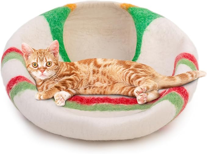 Woolygon Premium Felt Cat Cave Bed – Wool Kitty Beds Handcrafted Kitten Caves Bed for Indoor Cats - Made from Merino Wool, Foldable Cat Hideaway Covered Cat House Pod (Candy Swirl)