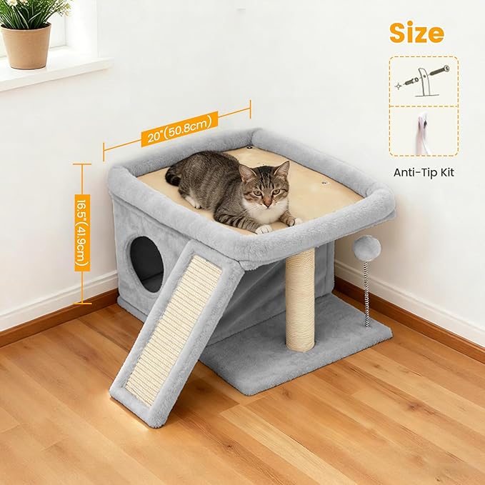 Cat Tree, Compact Cat Tree for Small Spaces, Heavy Duty Cat Tower for Large Cats,Small Cat Tower with Cat Scratching Post & Bed, Cat Condo Climbing Furniture for Indoor Cats (Light Grey)