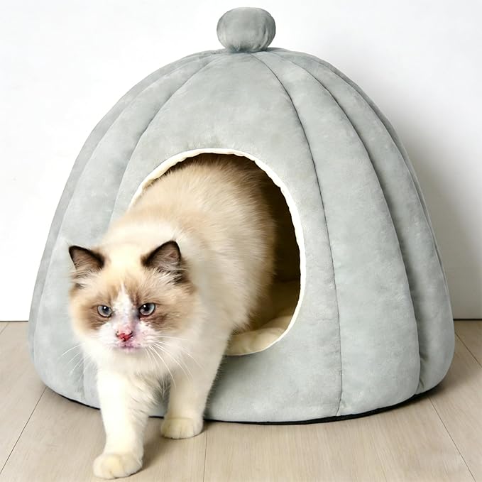 Cat Bed for Indoor Cats - Adorable Cozy Cat Cave with Removable Cushion, Super Soft Pet House Tent for Kittens & Small Pets, Warm & Washable Non-Slip Design(M 17.7 inch, Light Gray)