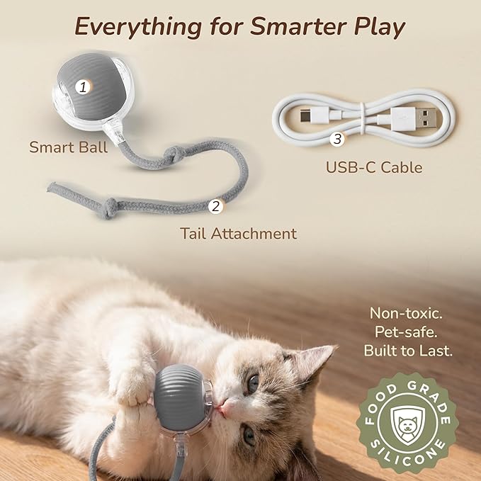 Smart Ball 2.0 - Automatic Cat Toy & Interactive Dog Toys for Small Dogs - Moving Cat Toy Ball for Indoor Cats - Motion Activated, Light Up, USB-C Rechargeable Pet Toy, 2 Speed Modes [Gray]