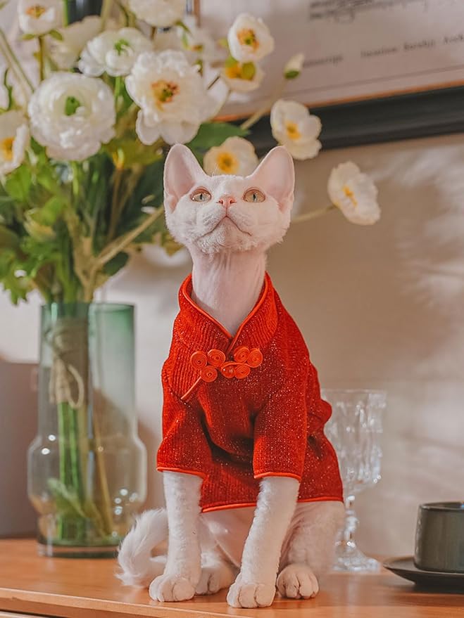 Traditional Culture Sphynx Hairless Cat Cotton T-Shirts Cat Clothes Pet Sweater Cat Vest Pet Clothes Kitten Shirts Cats & Small Dogs Apparel (Red Chi-Pao, XXL (13-15 lbs))