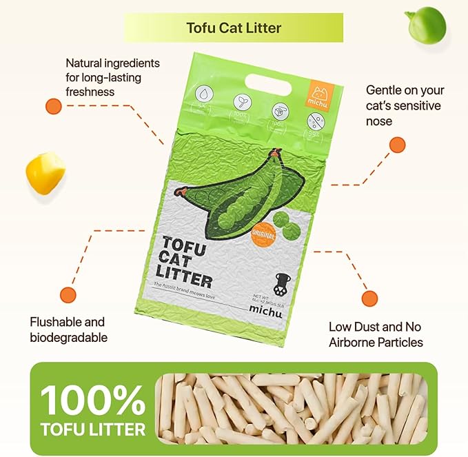 Michu Tofu Cat Litter Natural Clumping Tofu Cat Litter, Fast Clumping and Easily Scoop-able 5.5lb/88oz 5 Scents - Greentea, 8 Pack