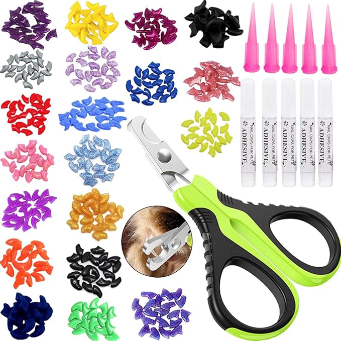 VICTHY 100pcs Cat Nail Caps with Clipper Set, Cat Nail Clipper + Nail Covers with Adhesive and Applicators Size Extra Small (5 COLORS)