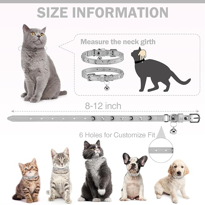 Leather Cat Collars for Boy Girl Cats with Bell and Safety Elastic Belt, Personalized Star and Moon Stud Adjustable Safe Buckle Collar for Kitty Small Big Cats Size 8-12 Inch, Silver Grey
