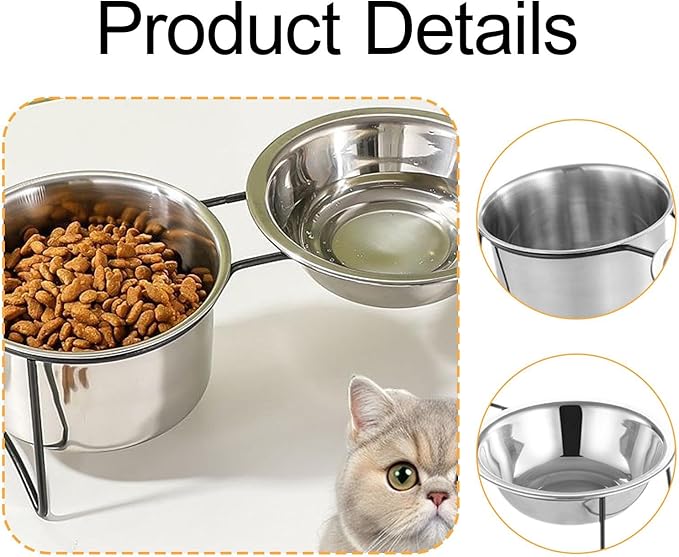 Cat Water and Food Bowl Stainless Steel Double Feeder Dish with Anti-Slip Base for Cats and Small Medium Dogs 11.46x4.41x3.94inch