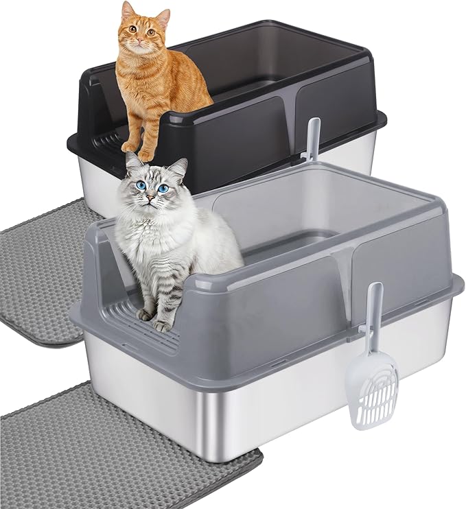 2 Pack Stainless Steel Cat Litter Box with Lid - XL Extra Large Enclosed Metal Litter Pan for Big Cats, High Sided Non-Stick Odor Resistant Anti-Urine Leakage, Easy Clean with Scoop & Mat, Gray/Black
