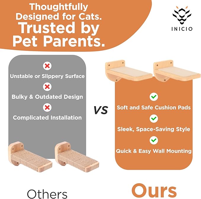 INICIO Cat Wall Stairs, Natural Wood - Set of 3 Wall Steps for Cats to Climb with Fixtures, 8.7"x4.7" - Floating Steps for Climbing or Playing - for Kittens and Adult Cats