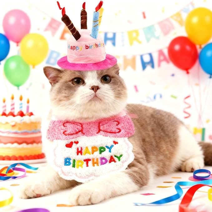 Dog Birthday Cake Hat & Bandana Scarfs Set Pink, Cute Dog Happy Birthday Hat Pet Cap Headwear Hat with 5 Colorful Candles, Cat Birthday Party Supplies Decorations (Pink)